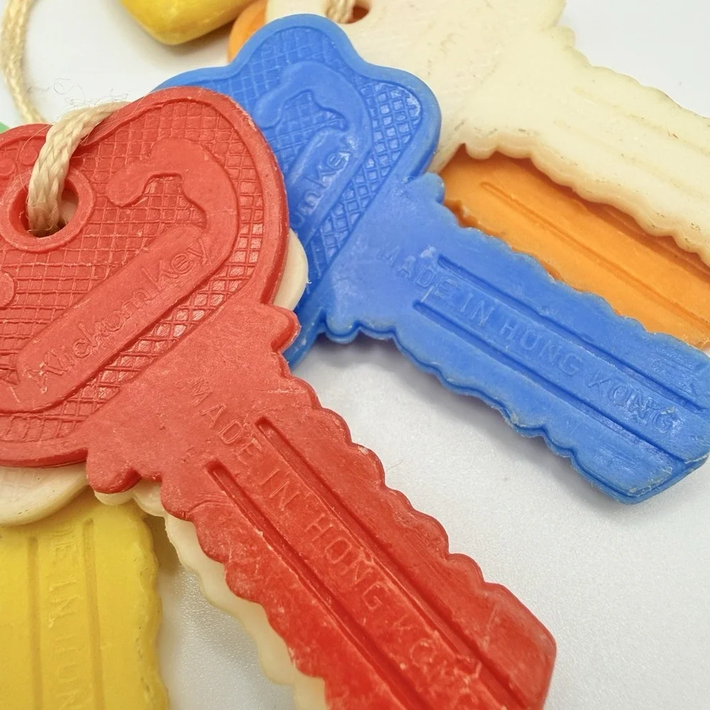 Vintage 1960s Klickum Key Baby Toy Keys Ring Set of 7 with Puffy Heart on String